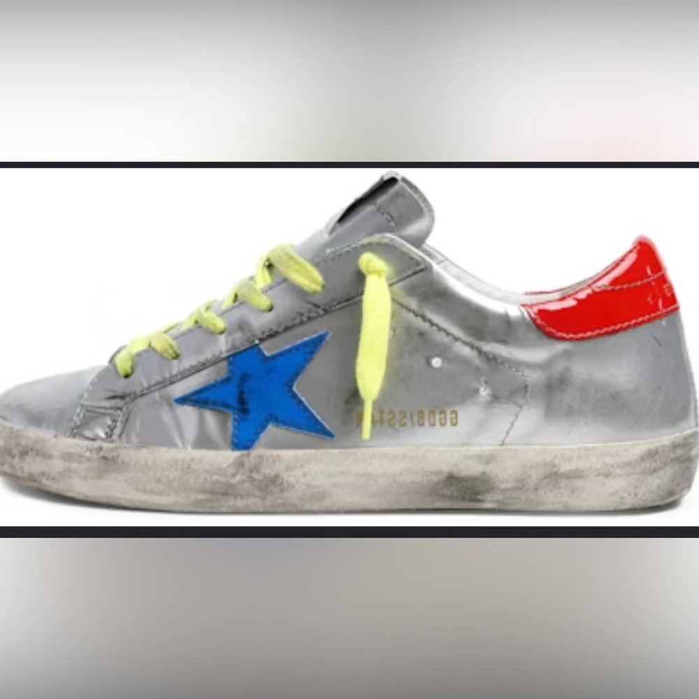 Golden Goose Silver with Blue Star and Neon Yellow Laces - Picture 6 of 9